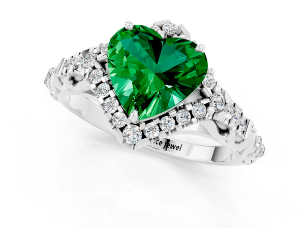 Platinum Heart Cut Emerald Solitaire Ring with Hidden Halo and Pavé Band