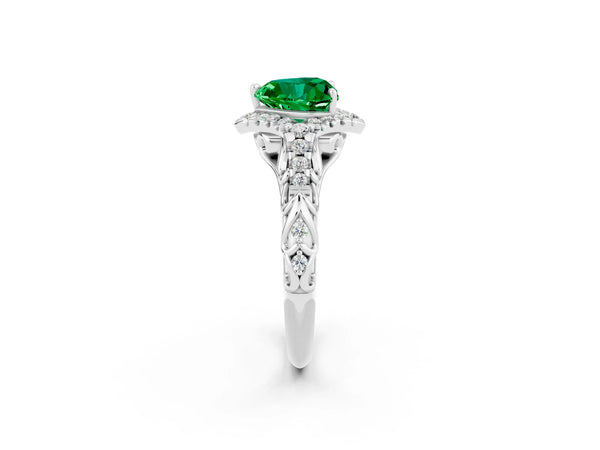Silver Heart Cut Emerald Solitaire Ring with Hidden Halo and Pavé Band
