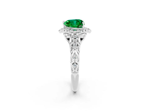 White gold Heart Cut Emerald Solitaire Ring with Hidden Halo and Pavé Band_14