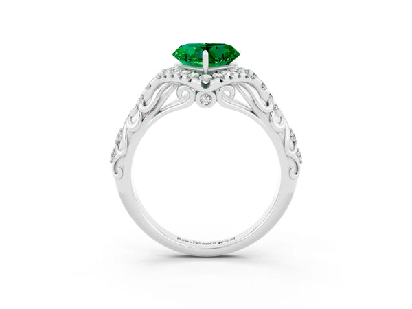 Platinum Heart Cut Emerald Solitaire Ring with Hidden Halo and Pavé Band