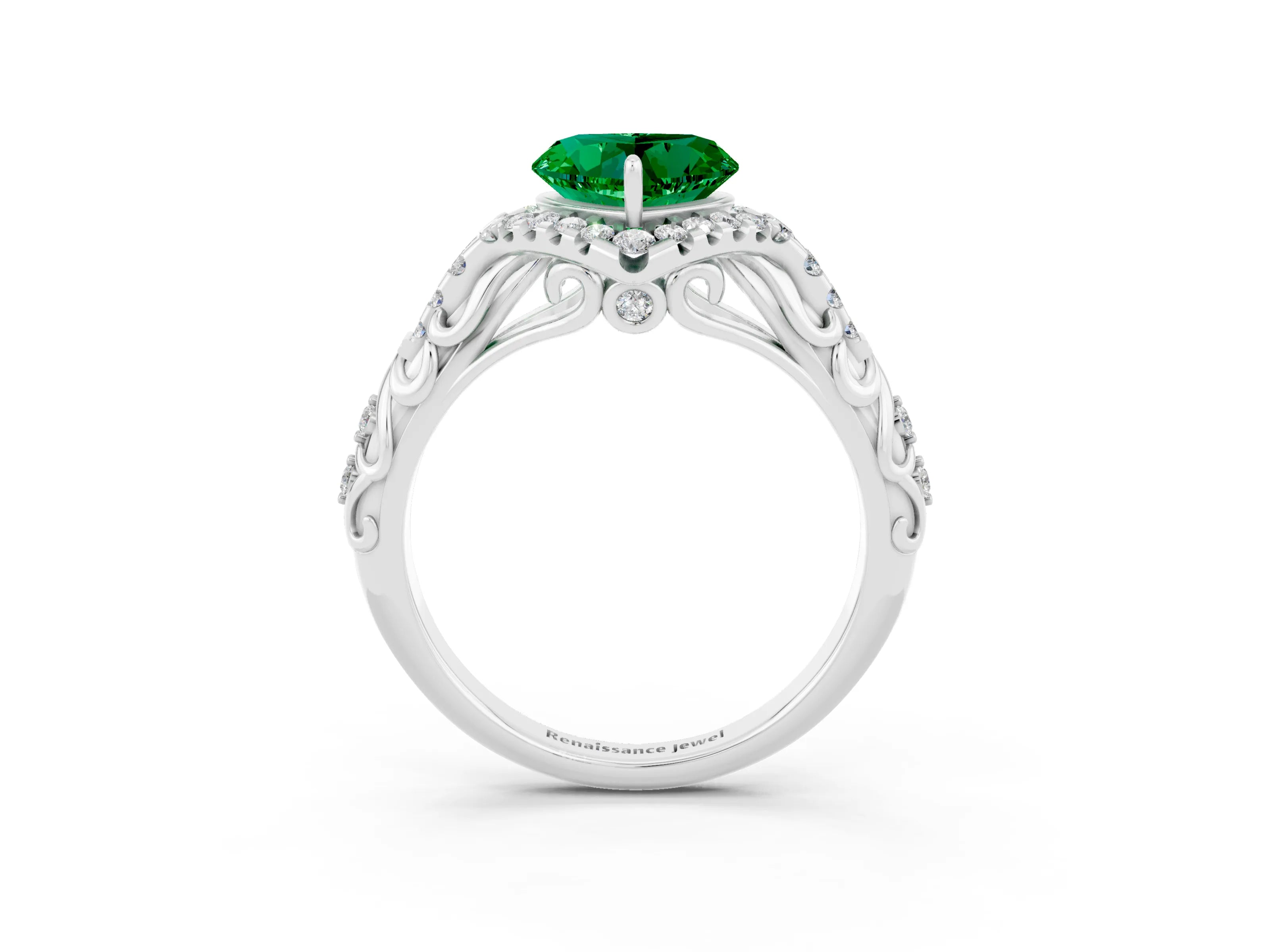 White gold Heart Cut Emerald Solitaire Ring with Hidden Halo and Pavé Band_15