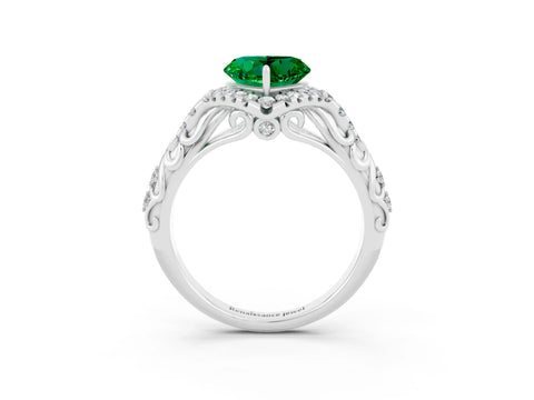 White gold Heart Cut Emerald Solitaire Ring with Hidden Halo and Pavé Band_15