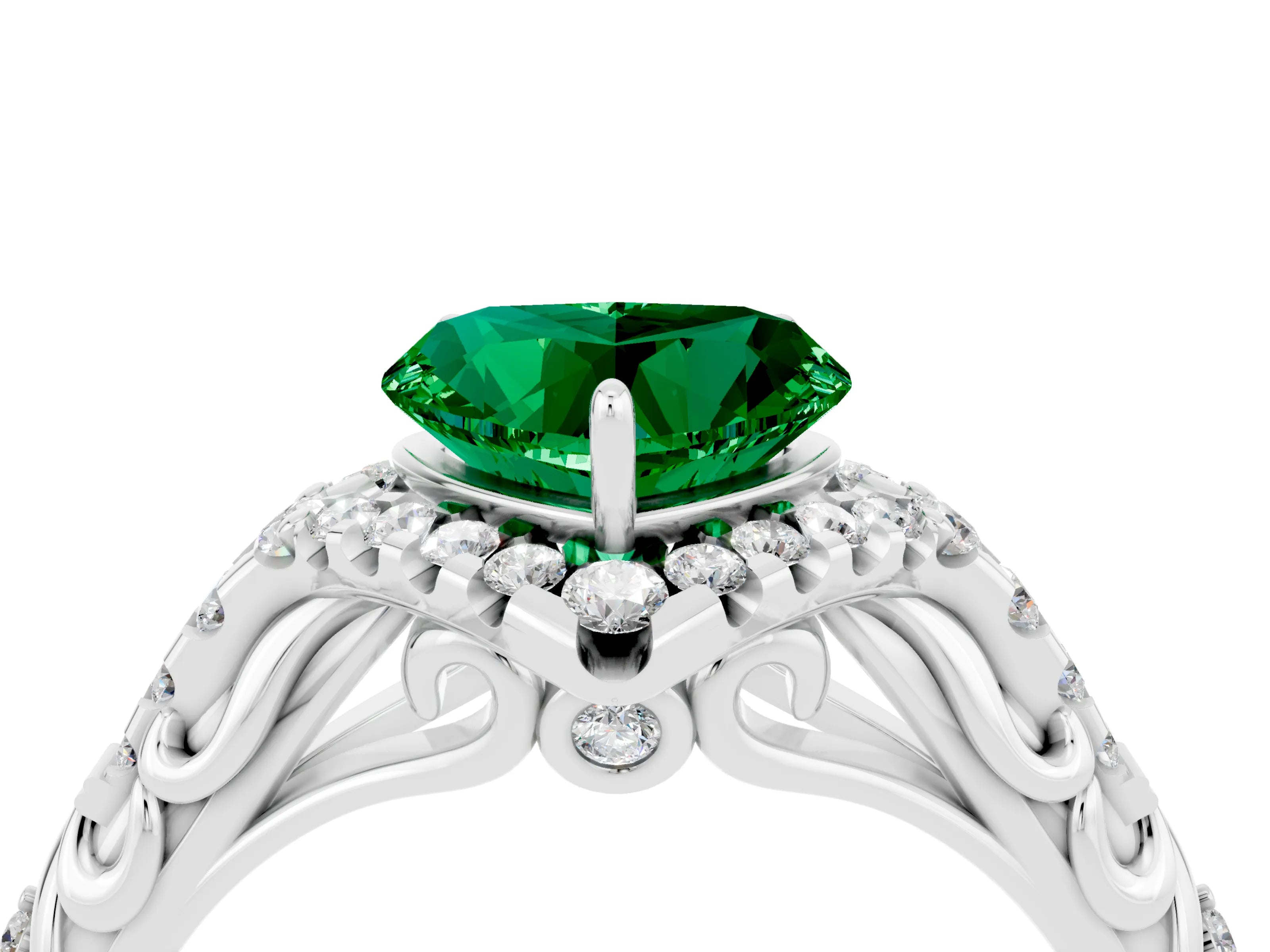 White gold Heart Cut Emerald Solitaire Ring with Hidden Halo and Pavé Band_16