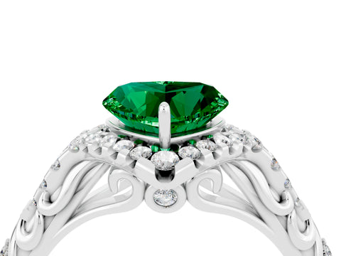 White gold Heart Cut Emerald Solitaire Ring with Hidden Halo and Pavé Band_16