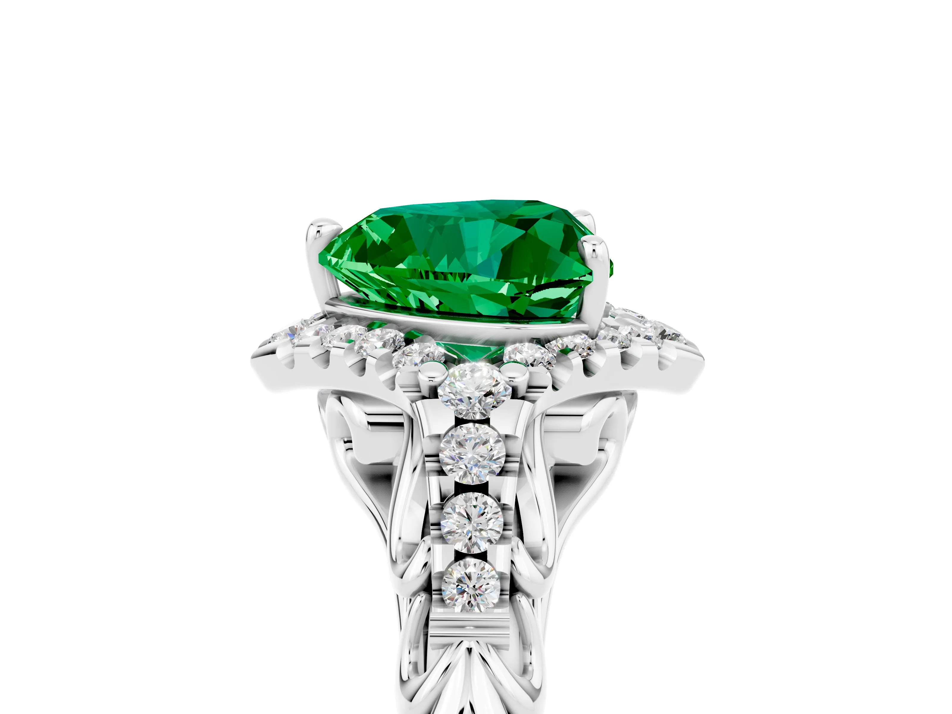 White gold Heart Cut Emerald Solitaire Ring with Hidden Halo and Pavé Band_17