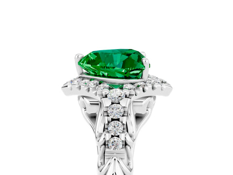 White gold Heart Cut Emerald Solitaire Ring with Hidden Halo and Pavé Band_17