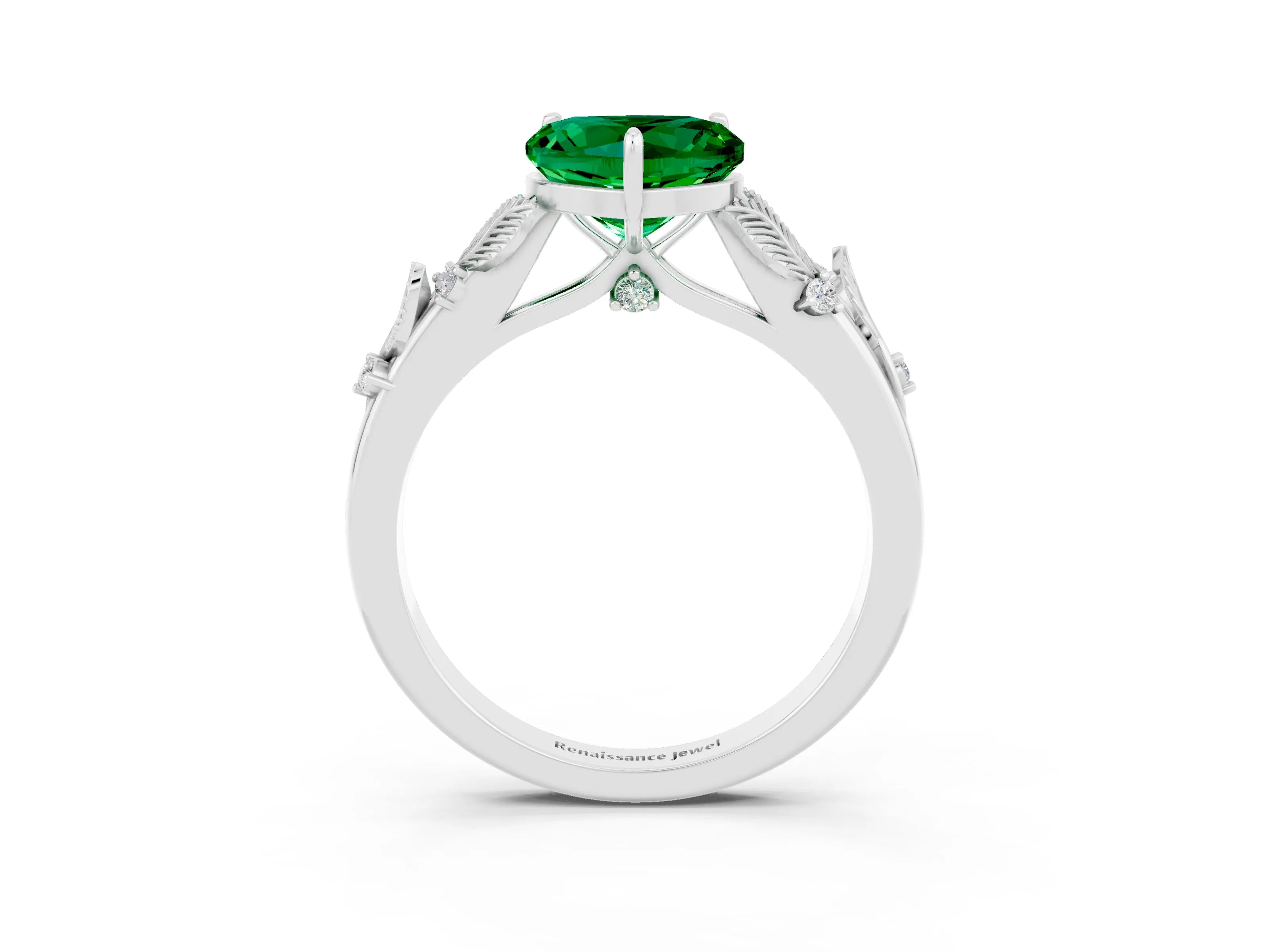 White gold Heart Cut Emerald Solitaire Ring with Leaf Motif Band and Four-Prong Setting_15