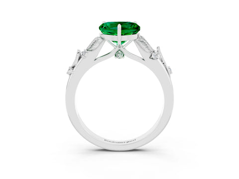 White gold Heart Cut Emerald Solitaire Ring with Leaf Motif Band and Four-Prong Setting_15