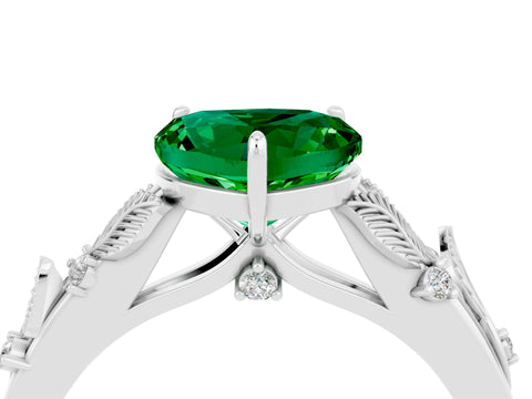 White gold Heart Cut Emerald Solitaire Ring with Leaf Motif Band and Four-Prong Setting_16
