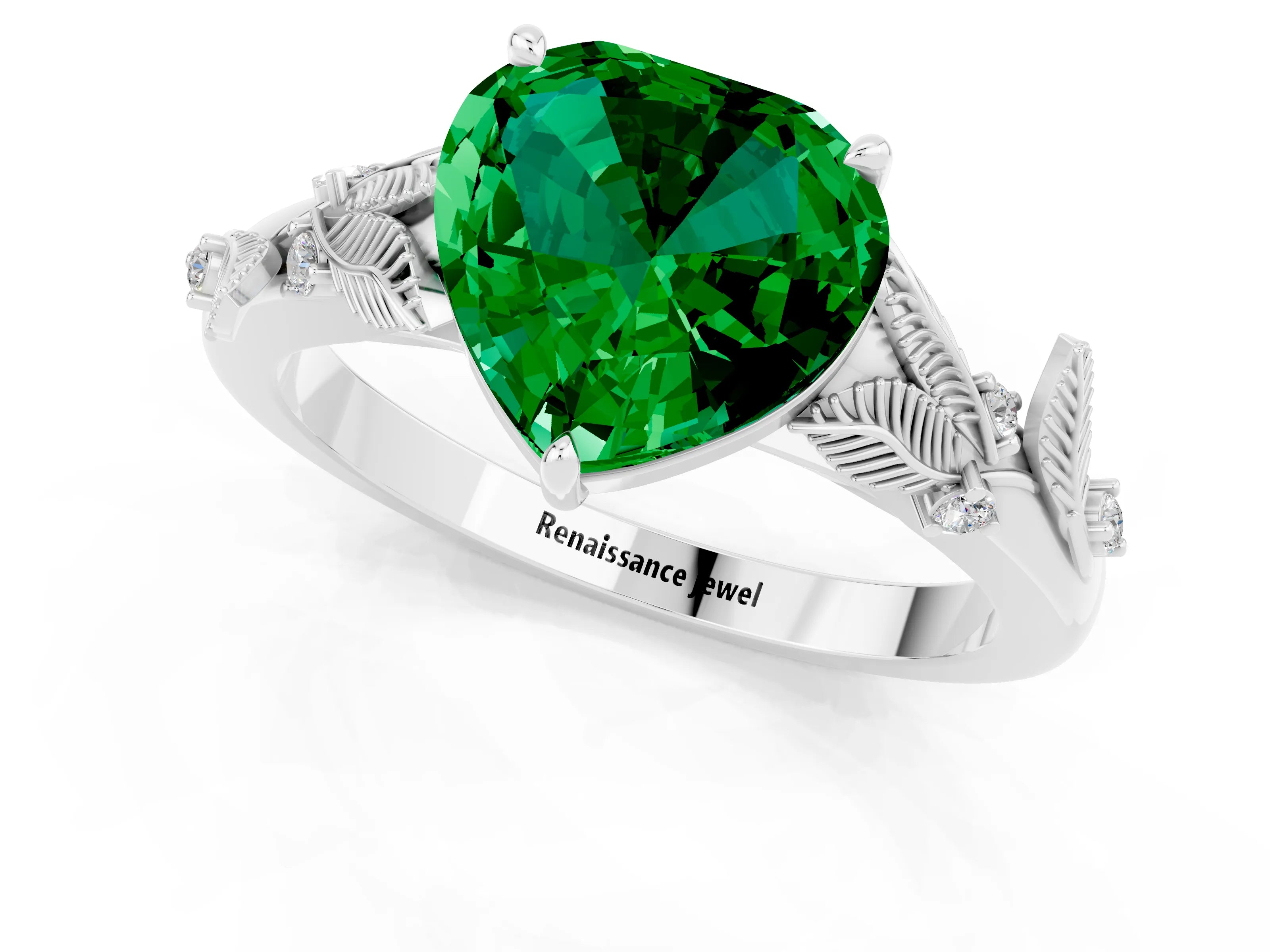 White gold Heart Cut Emerald Solitaire Ring with Leaf Motif Band and Four-Prong Setting_1