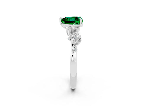 White gold Heart Cut Emerald Solitaire Ring with Leaf Motif Band and Four-Prong Setting_2