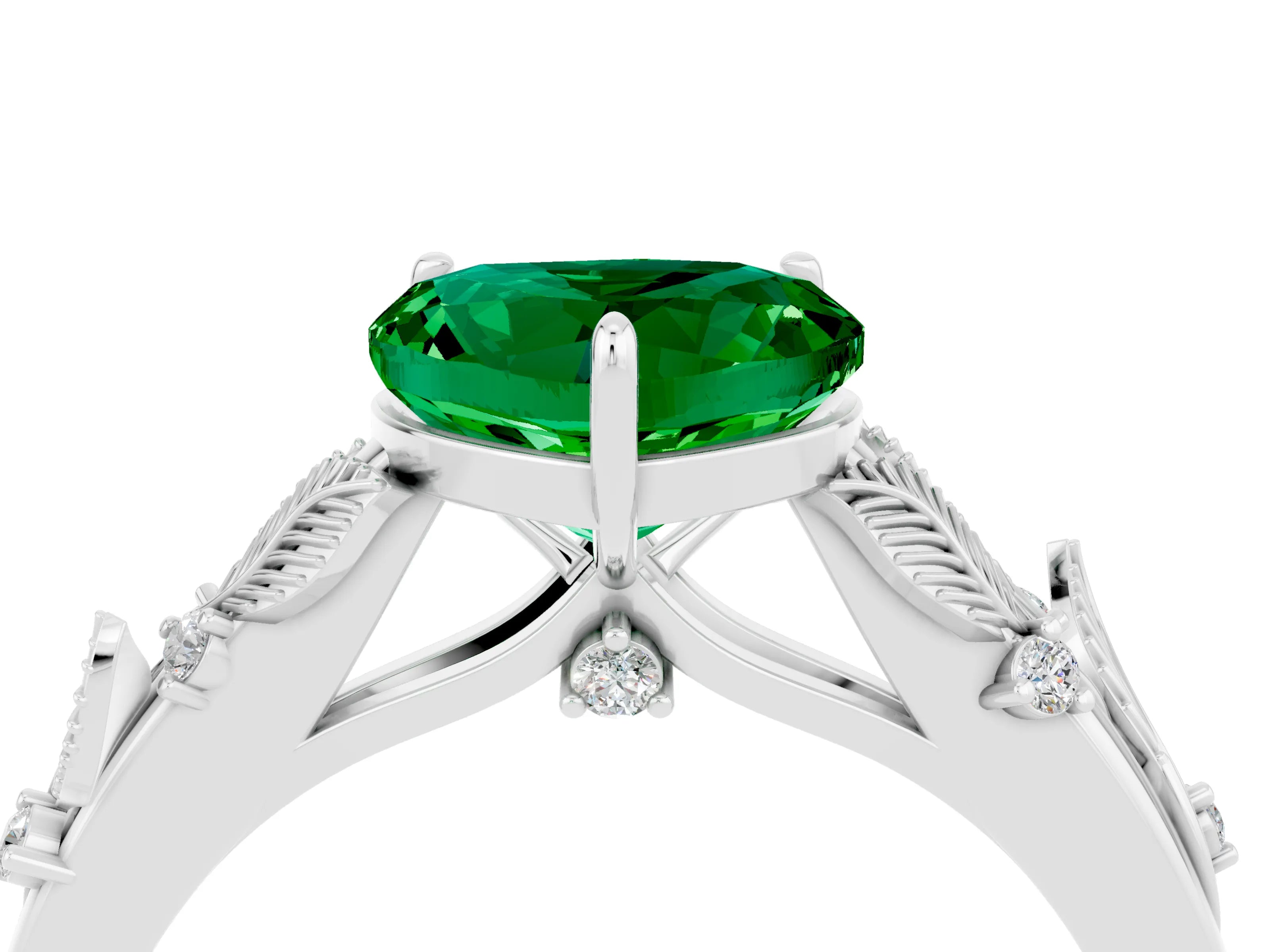 White gold Heart Cut Emerald Solitaire Ring with Leaf Motif Band and Four-Prong Setting_4