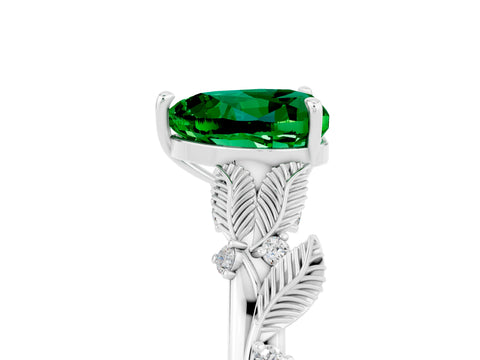 White gold Heart Cut Emerald Solitaire Ring with Leaf Motif Band and Four-Prong Setting_5