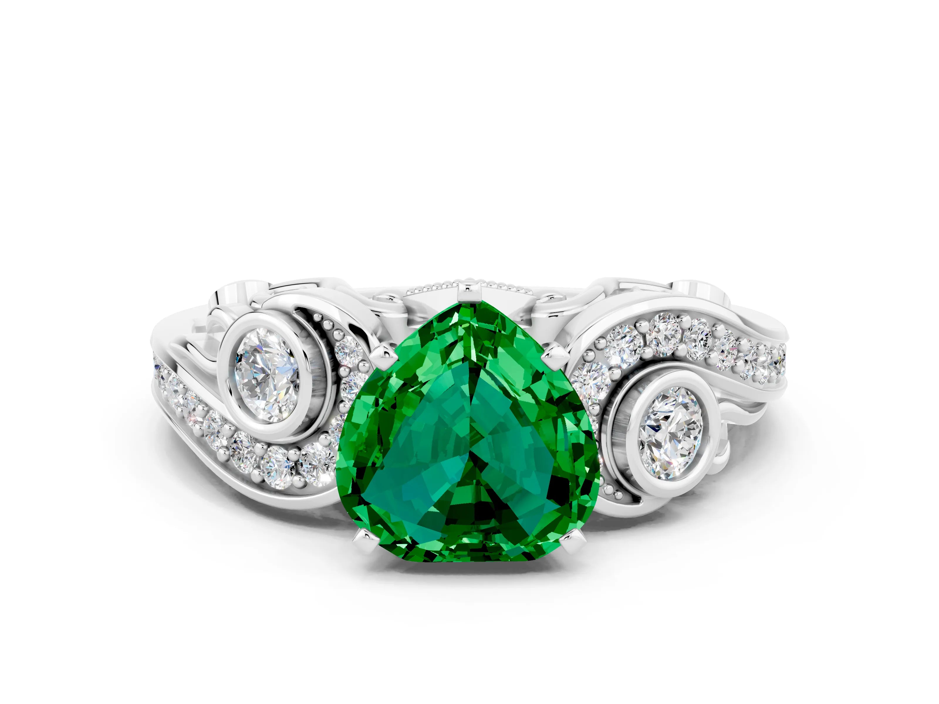 White gold Heart Cut Emerald Solitaire Ring with Milgrain Pavé Band and Four-Prong Setting_12