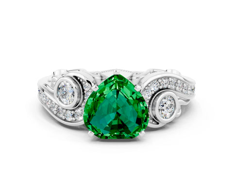 White gold Heart Cut Emerald Solitaire Ring with Milgrain Pavé Band and Four-Prong Setting_12