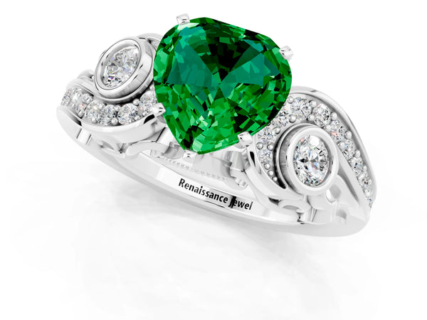 Platinum Heart Cut Emerald Solitaire Ring with Milgrain Pavé Band and Four-Prong Setting