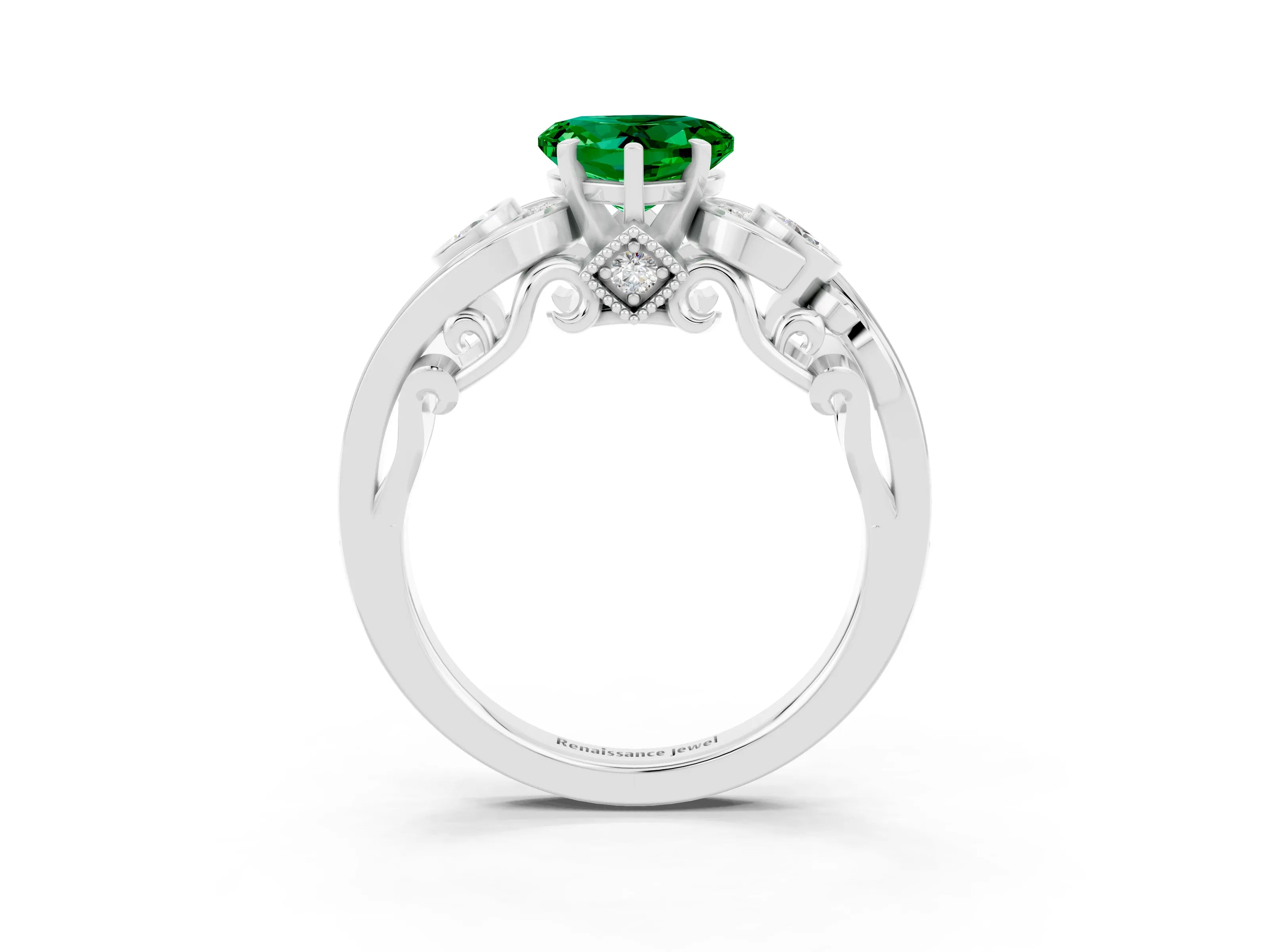 White gold Heart Cut Emerald Solitaire Ring with Milgrain Pavé Band and Four-Prong Setting_15