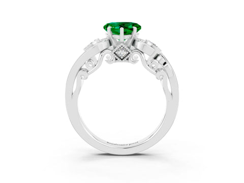 White gold Heart Cut Emerald Solitaire Ring with Milgrain Pavé Band and Four-Prong Setting_15