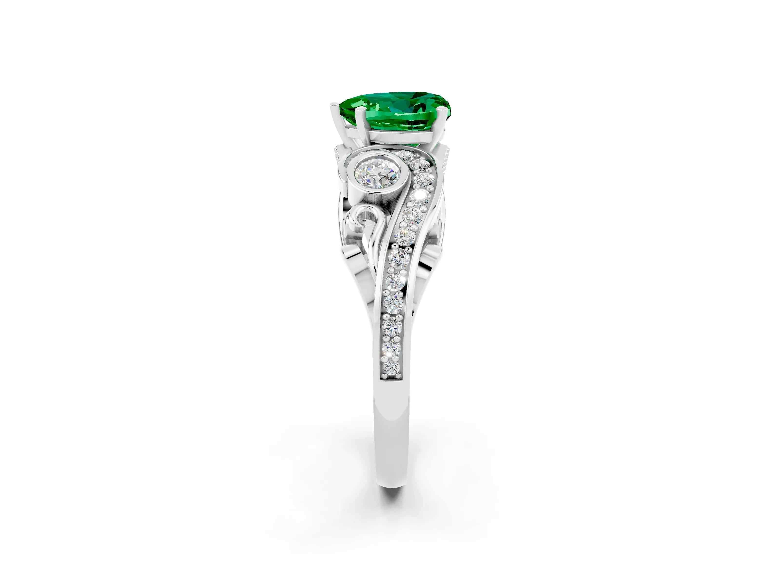 White gold Heart Cut Emerald Solitaire Ring with Milgrain Pavé Band and Four-Prong Setting_50