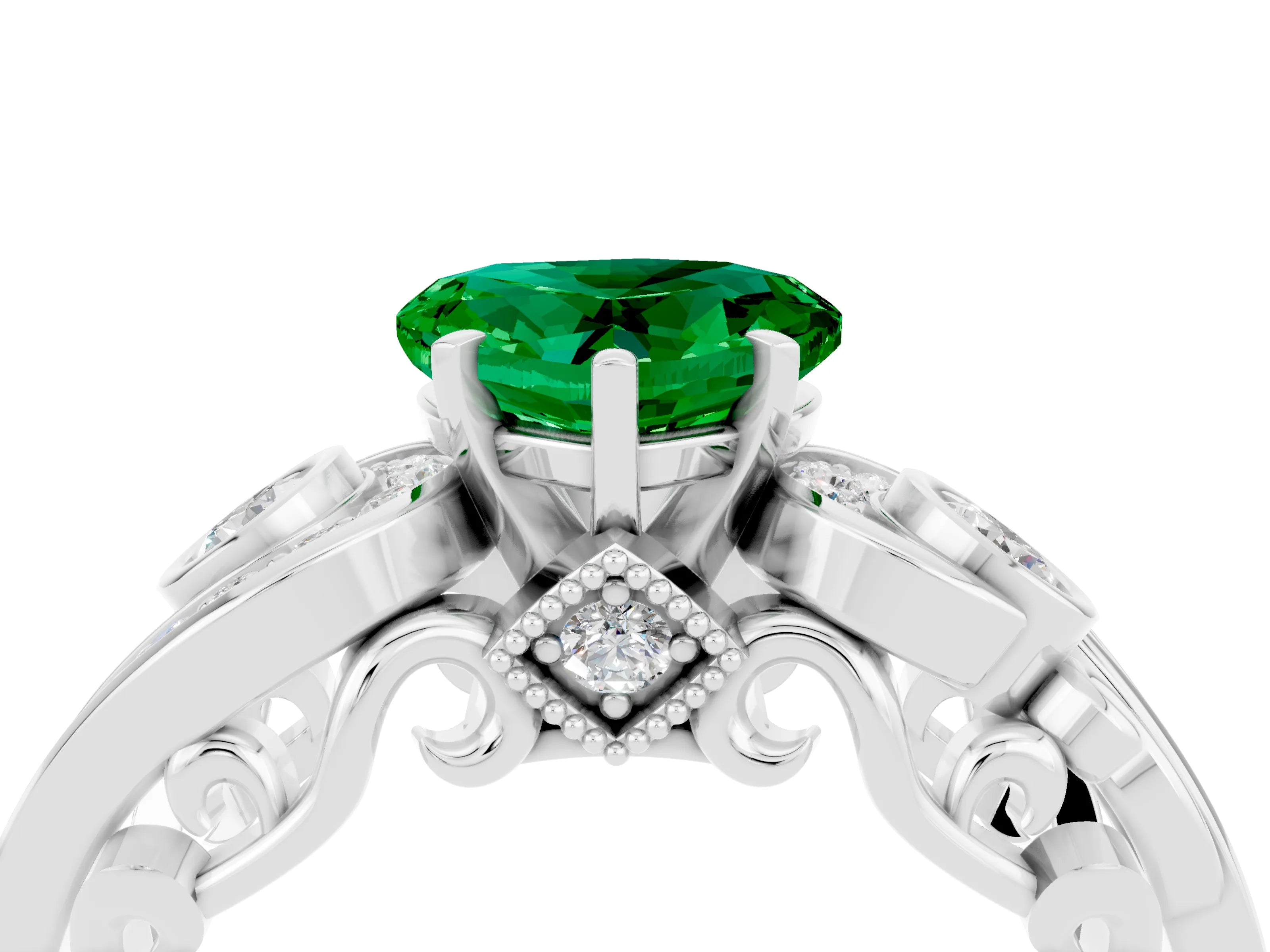 White gold Heart Cut Emerald Solitaire Ring with Milgrain Pavé Band and Four-Prong Setting_52