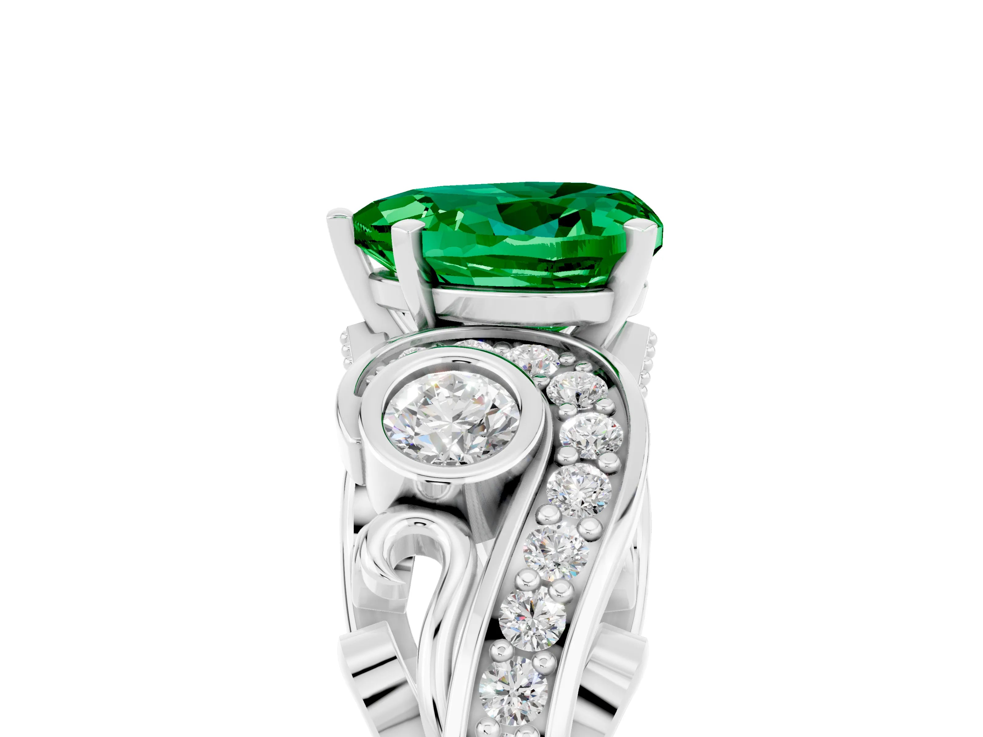White gold Heart Cut Emerald Solitaire Ring with Milgrain Pavé Band and Four-Prong Setting_53