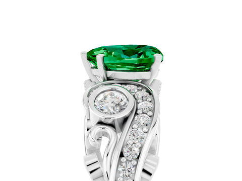White gold Heart Cut Emerald Solitaire Ring with Milgrain Pavé Band and Four-Prong Setting_53