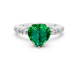 White gold Heart Cut Emerald Solitaire Ring with Pavé Accents and Four-Prong Setting
