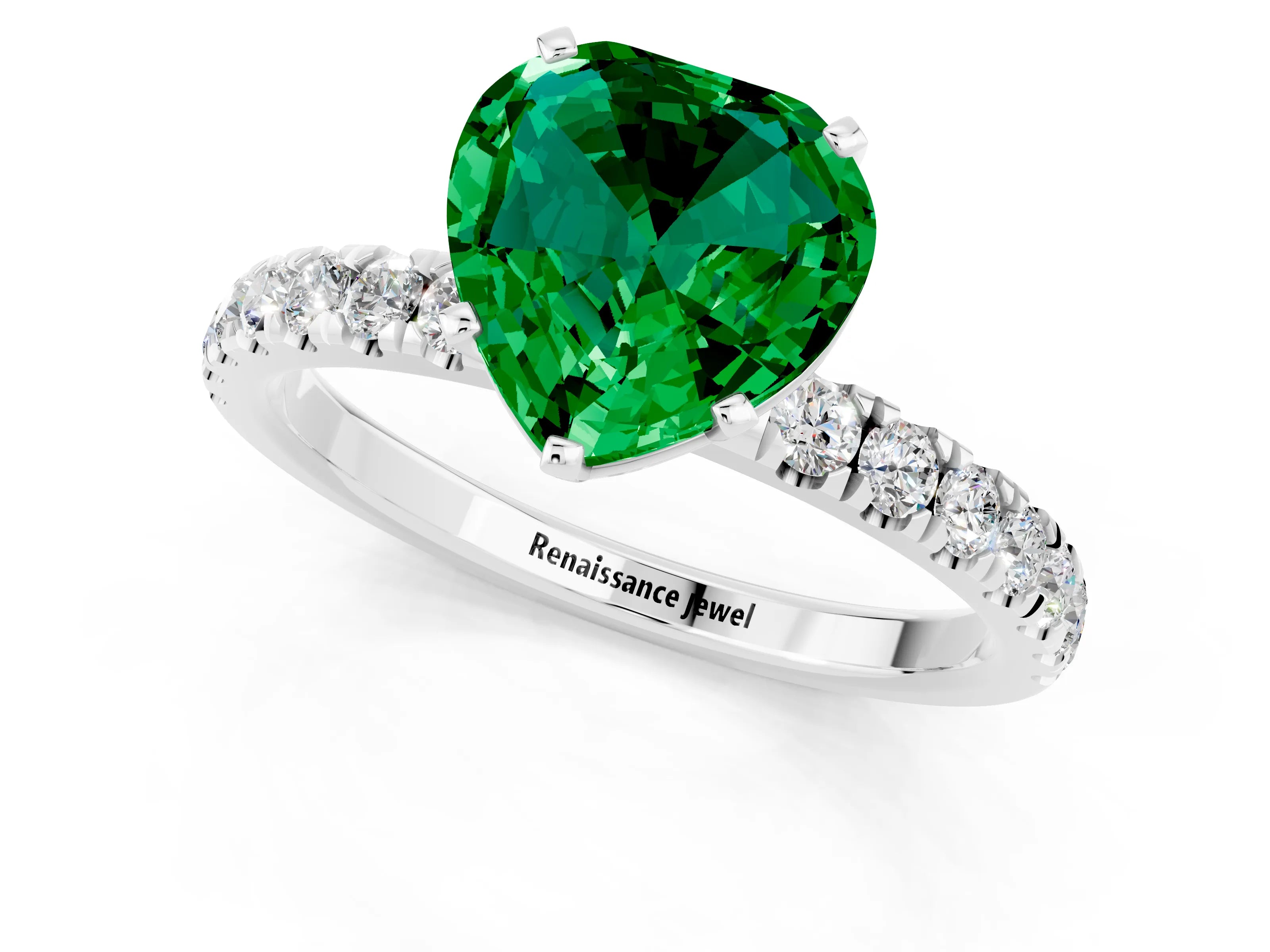White gold Heart Cut Emerald Solitaire Ring with Pavé Accents and Four-Prong Setting_1