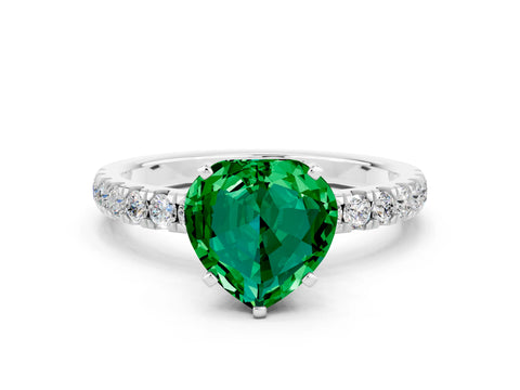 White gold Heart Cut Emerald Solitaire Ring with Pavé Accents and Four-Prong Setting