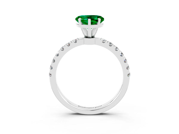 Silver Heart Cut Emerald Solitaire Ring with Pavé Accents and Four-Prong Setting
