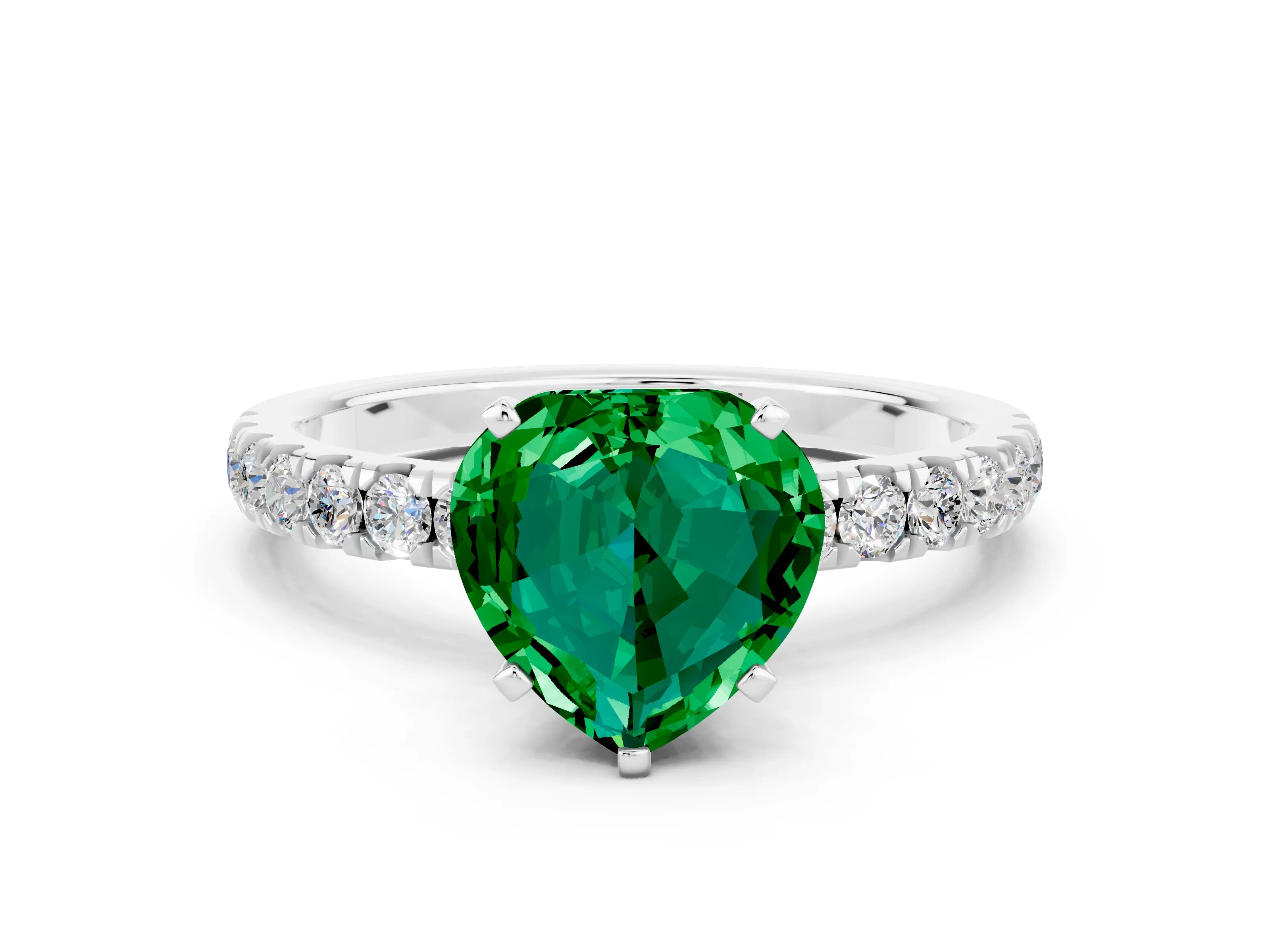 White gold Heart Cut Emerald Solitaire Ring with Pavé Accents and Four-Prong Setting