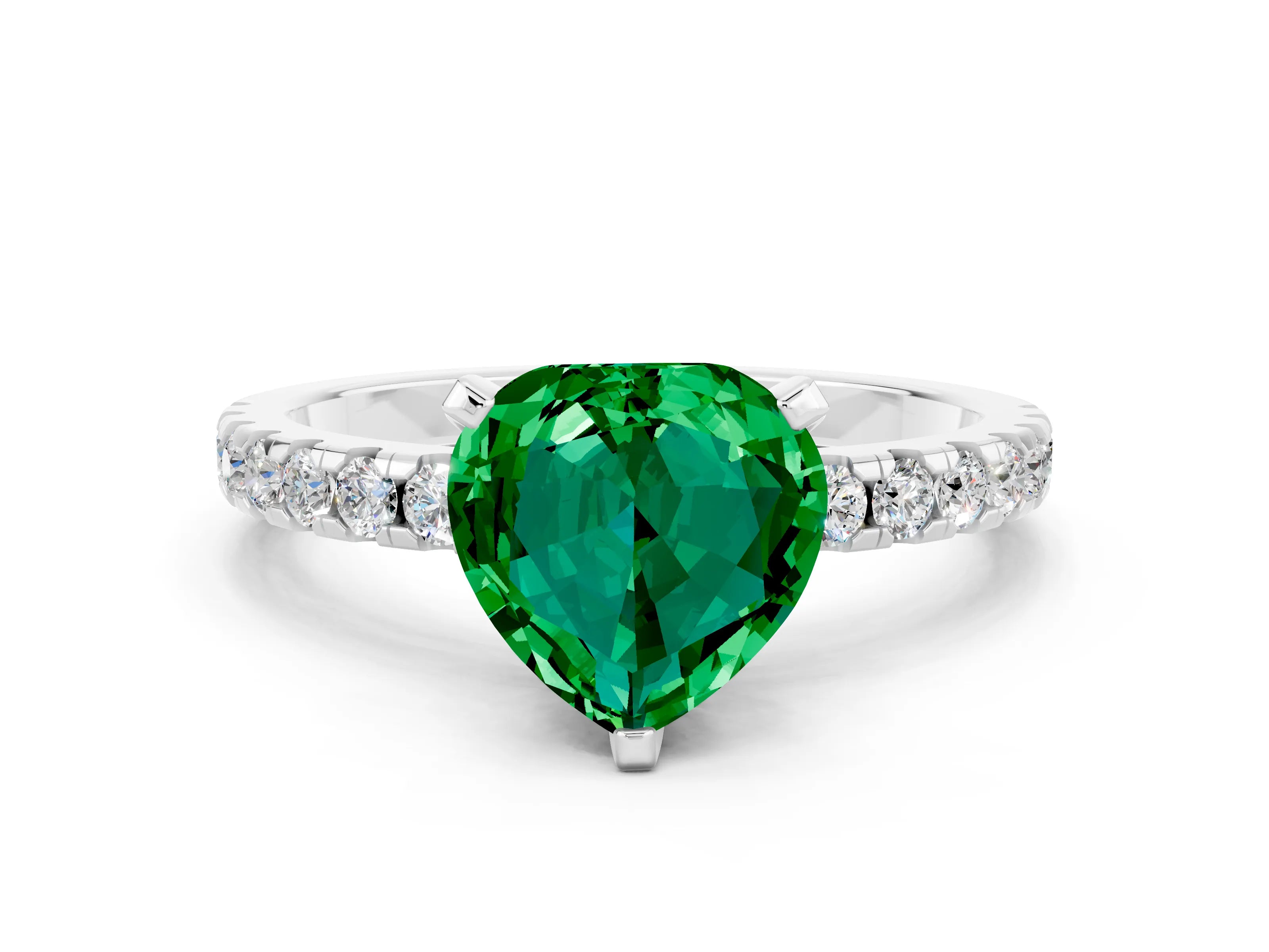 White gold Heart Cut Emerald Solitaire Ring with Pavé Band and Four-Prong Setting_24
