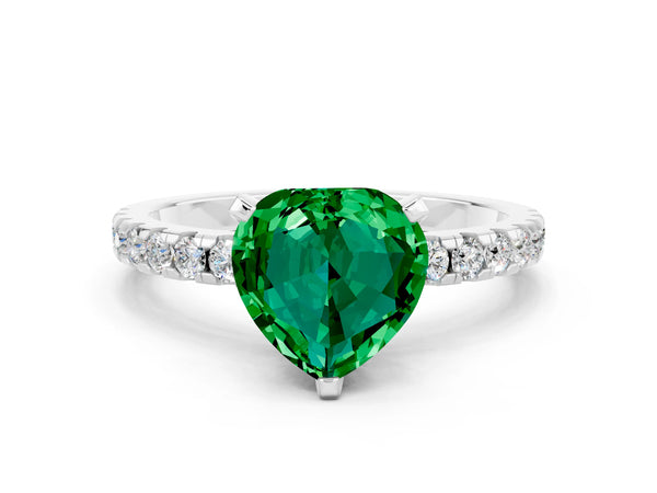 Silver Heart Cut Emerald Solitaire Ring with Round  Pavé Band and Four-Prong Setting