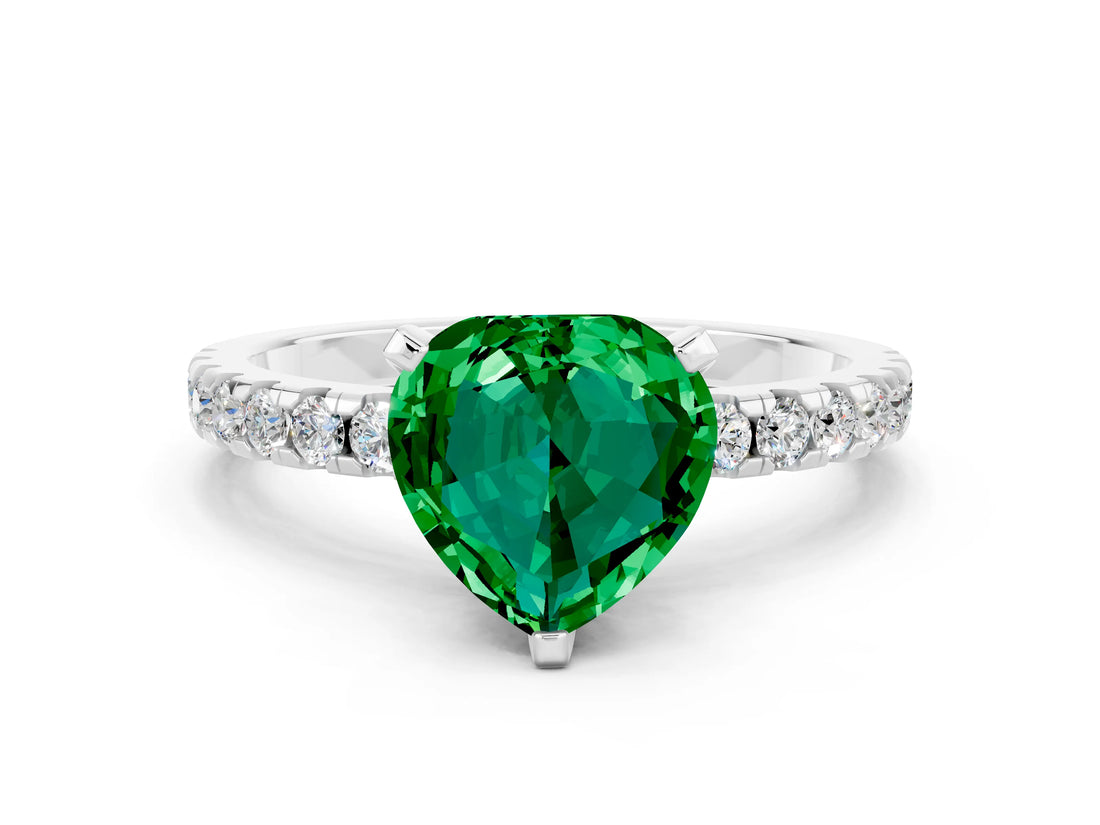 White gold Heart Cut Emerald Solitaire Ring with Pavé Band and Four-Prong Setting_24