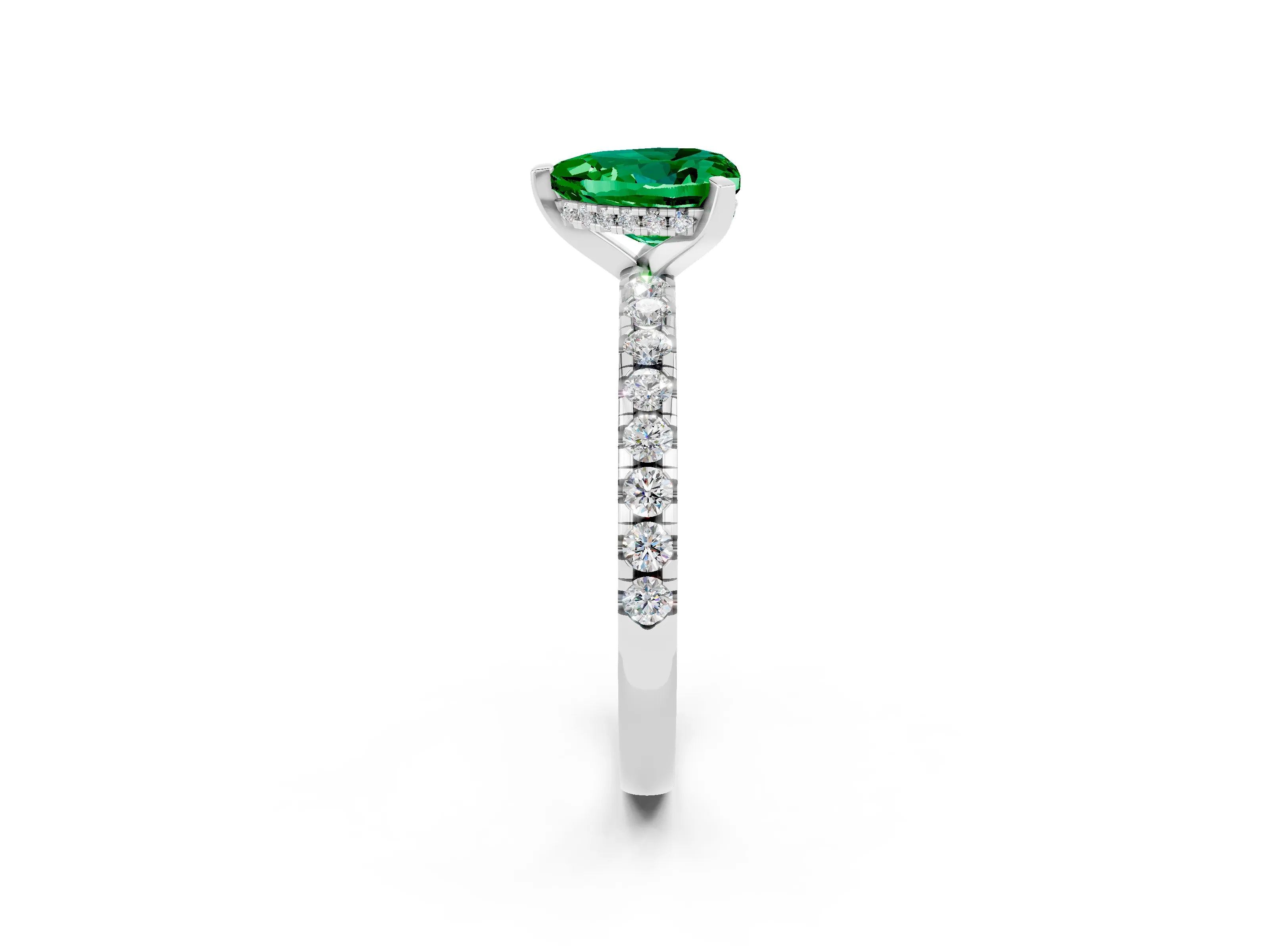 White gold Heart Cut Emerald Solitaire Ring with Pavé Band and Four-Prong Setting_26