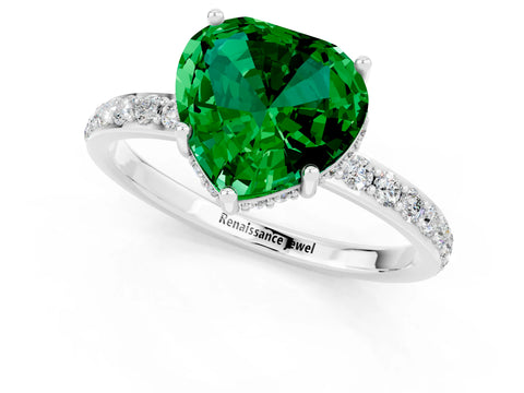 White gold Heart Cut Emerald Solitaire Ring with Pavé Band and Hidden Halo_13