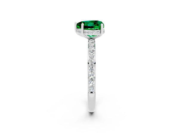 Platinum Heart Cut Emerald Solitaire Ring with Pavé Band and Hidden Halo
