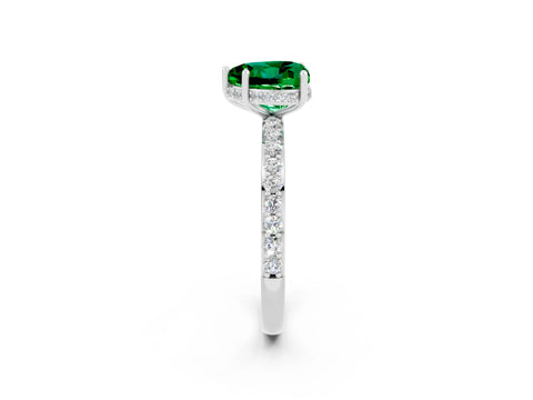 White gold Heart Cut Emerald Solitaire Ring with Pavé Band and Hidden Halo_14