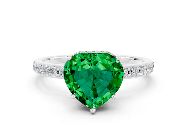 White gold Heart Cut Emerald Solitaire Ring with Pavé Band and Hidden Halo