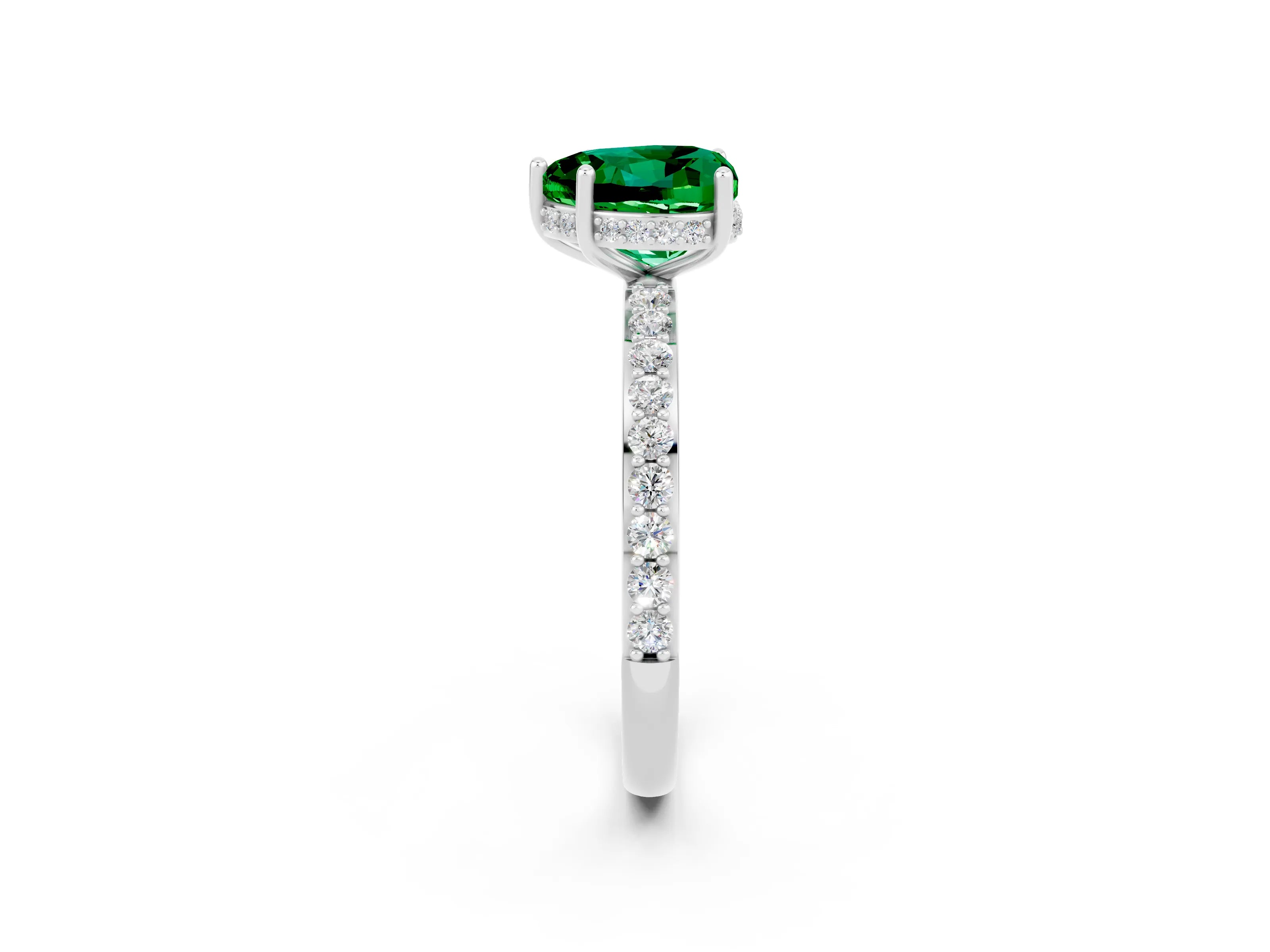 White gold Heart Cut Emerald Solitaire Ring with Pavé Band and Hidden Halo_26