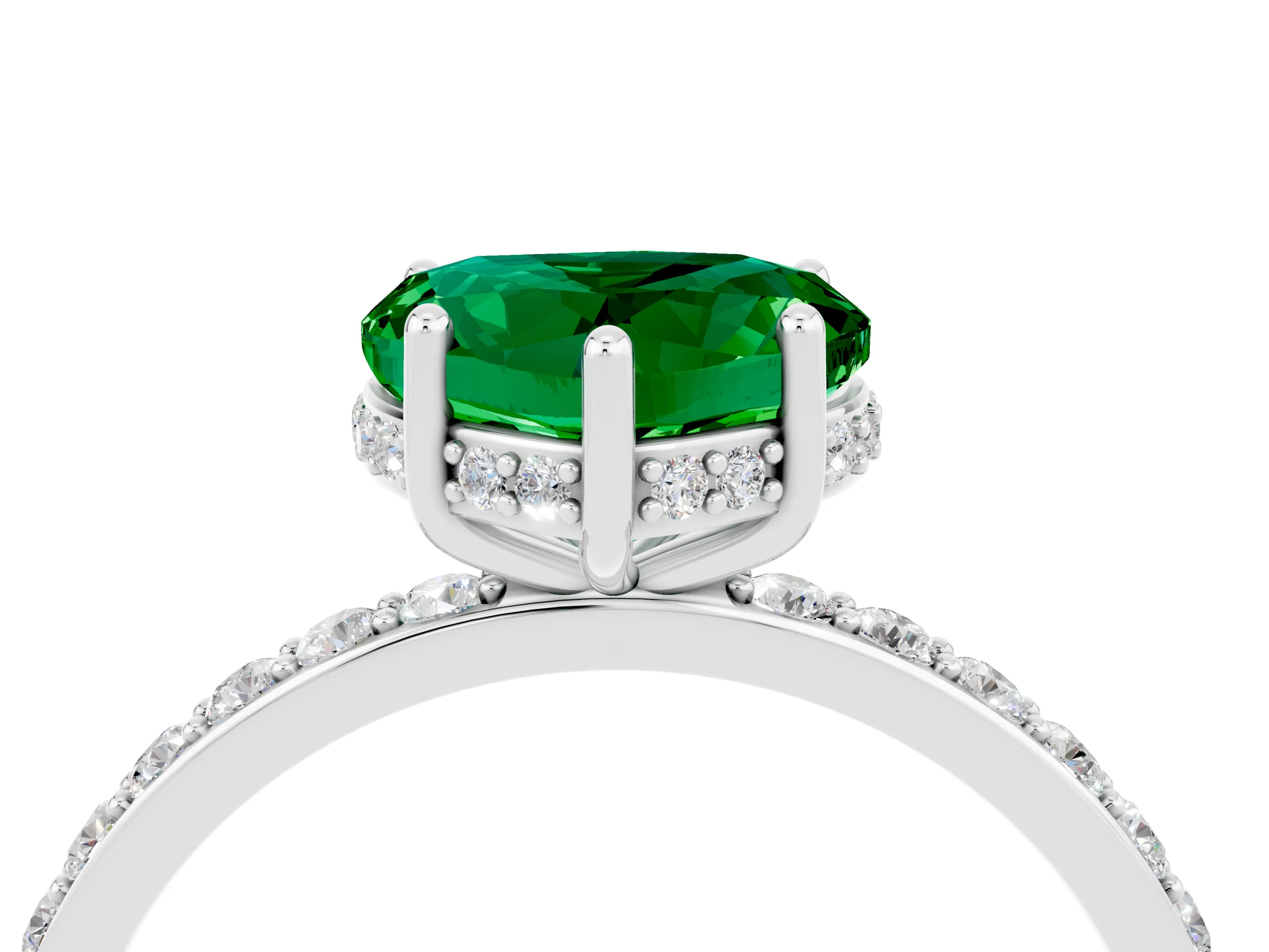 White gold Heart Cut Emerald Solitaire Ring with Pavé Band and Hidden Halo_28