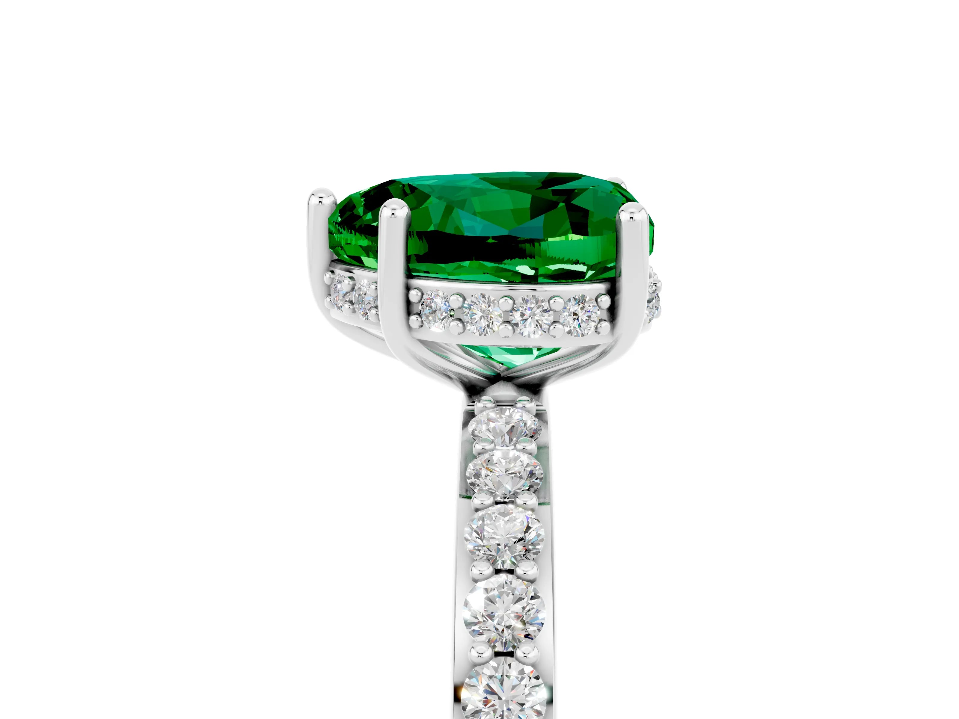White gold Heart Cut Emerald Solitaire Ring with Pavé Band and Hidden Halo_29