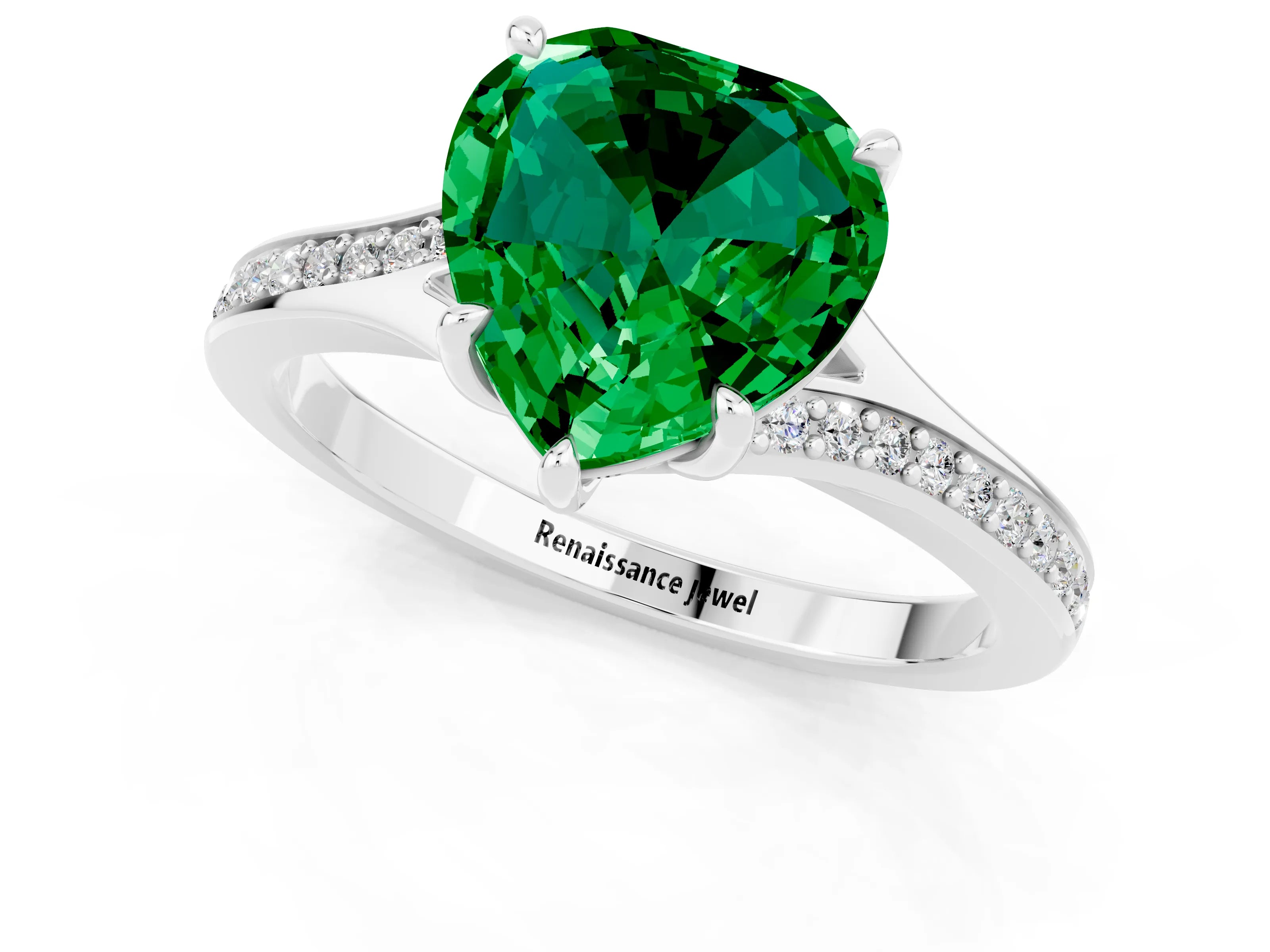 White gold Heart Cut Emerald Solitaire Ring with Pavé Band and Prong Setting_1