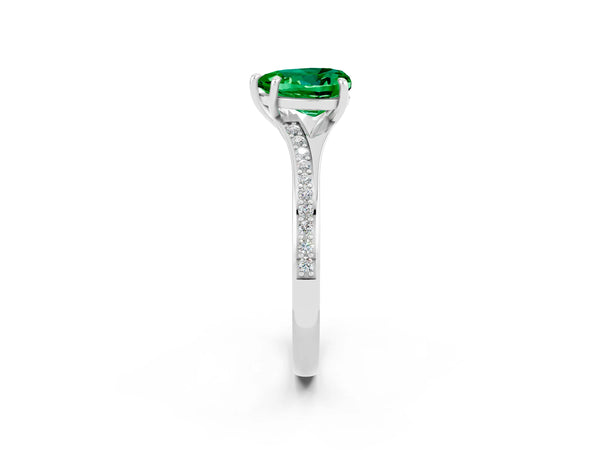 Platinum Heart Cut Emerald Solitaire Ring with Pavé Band and Prong Setting