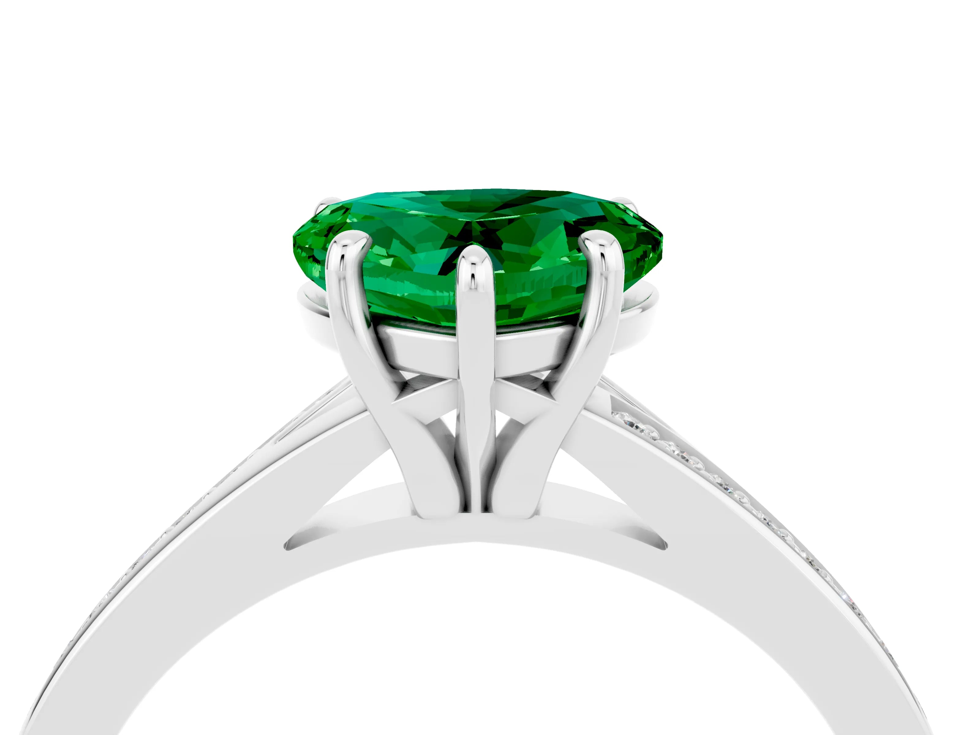 White gold Heart Cut Emerald Solitaire Ring with Pavé Band and Prong Setting_4