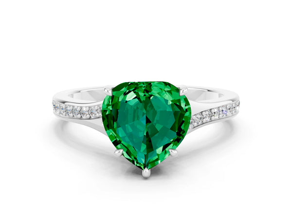 Silver Heart Cut Emerald Solitaire Ring with Pavé Band and Prong Setting