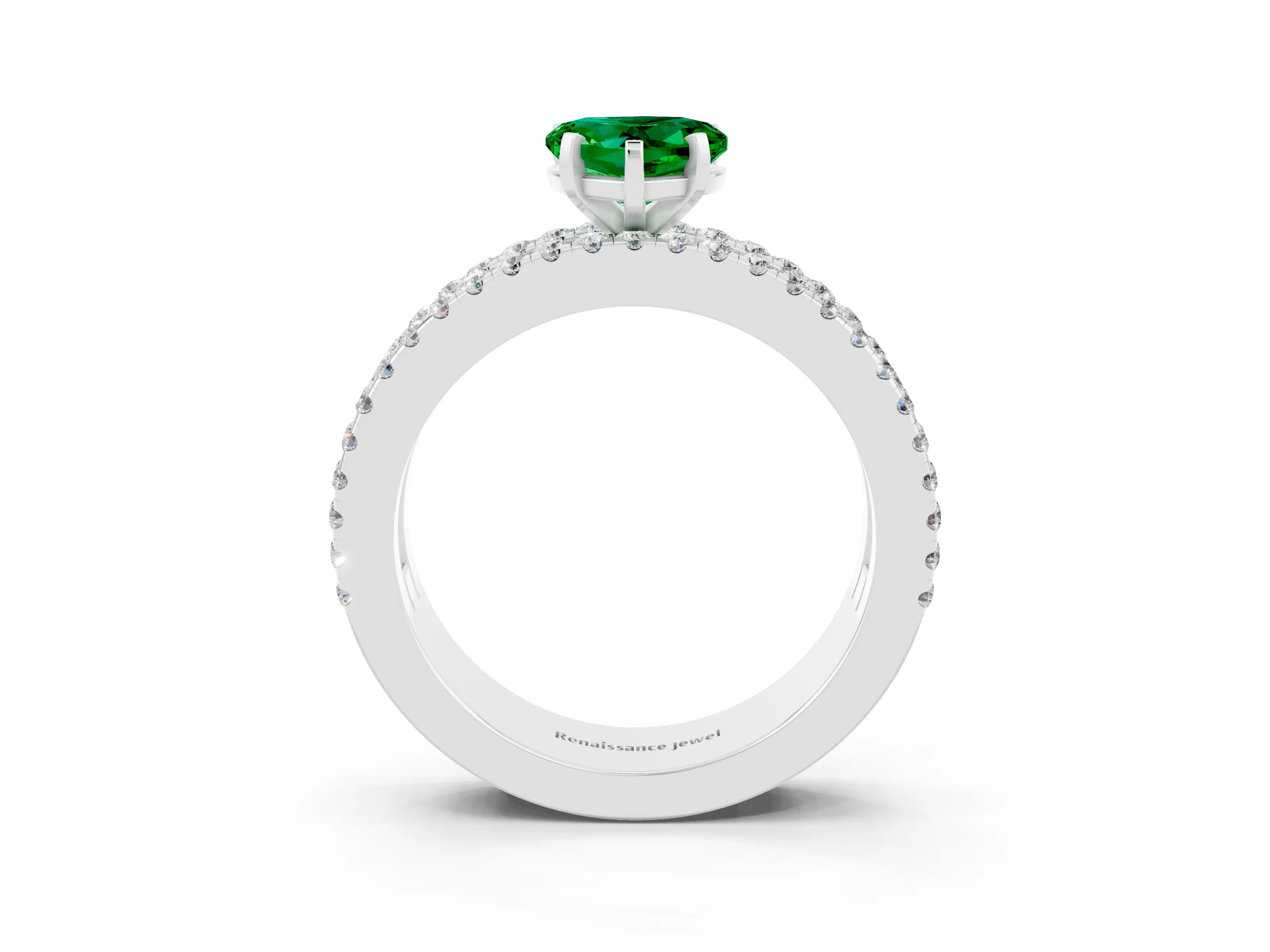 White gold Heart Cut Emerald Solitaire Ring with Pavé and Channel Set Band_3