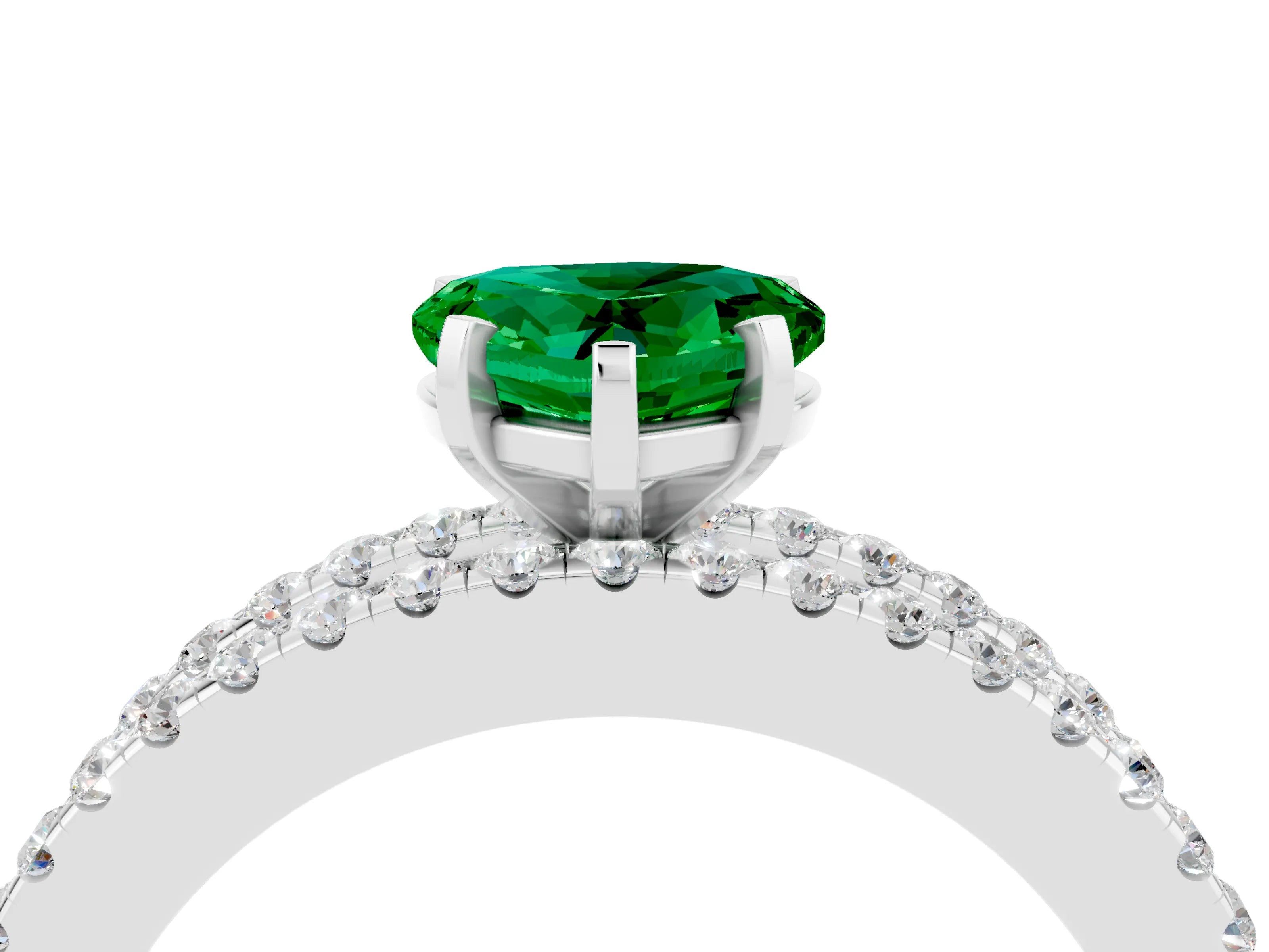 White gold Heart Cut Emerald Solitaire Ring with Pavé and Channel Set Band_4