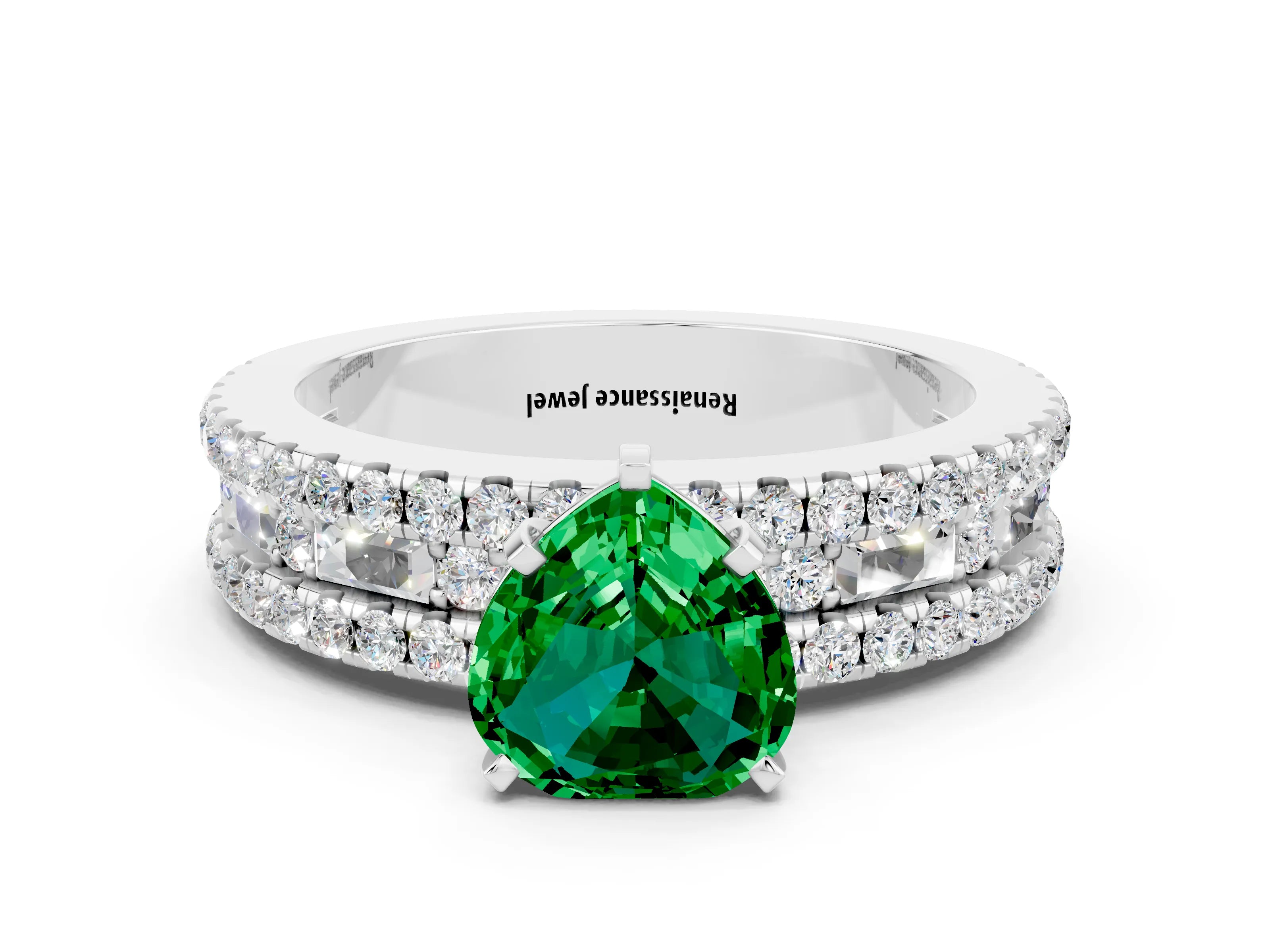 White gold Heart Cut Emerald Solitaire Ring with Pavé and Channel Set Band