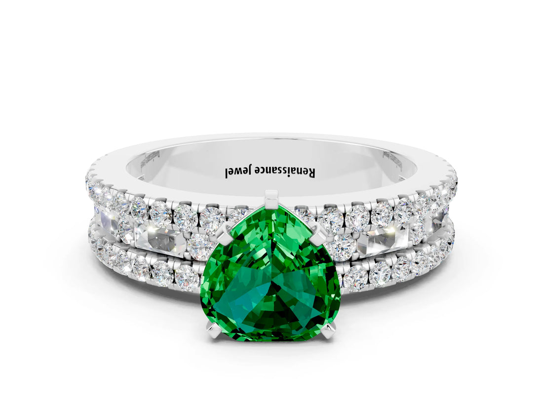White gold Heart Cut Emerald Solitaire Ring with Pavé and Channel Set Band